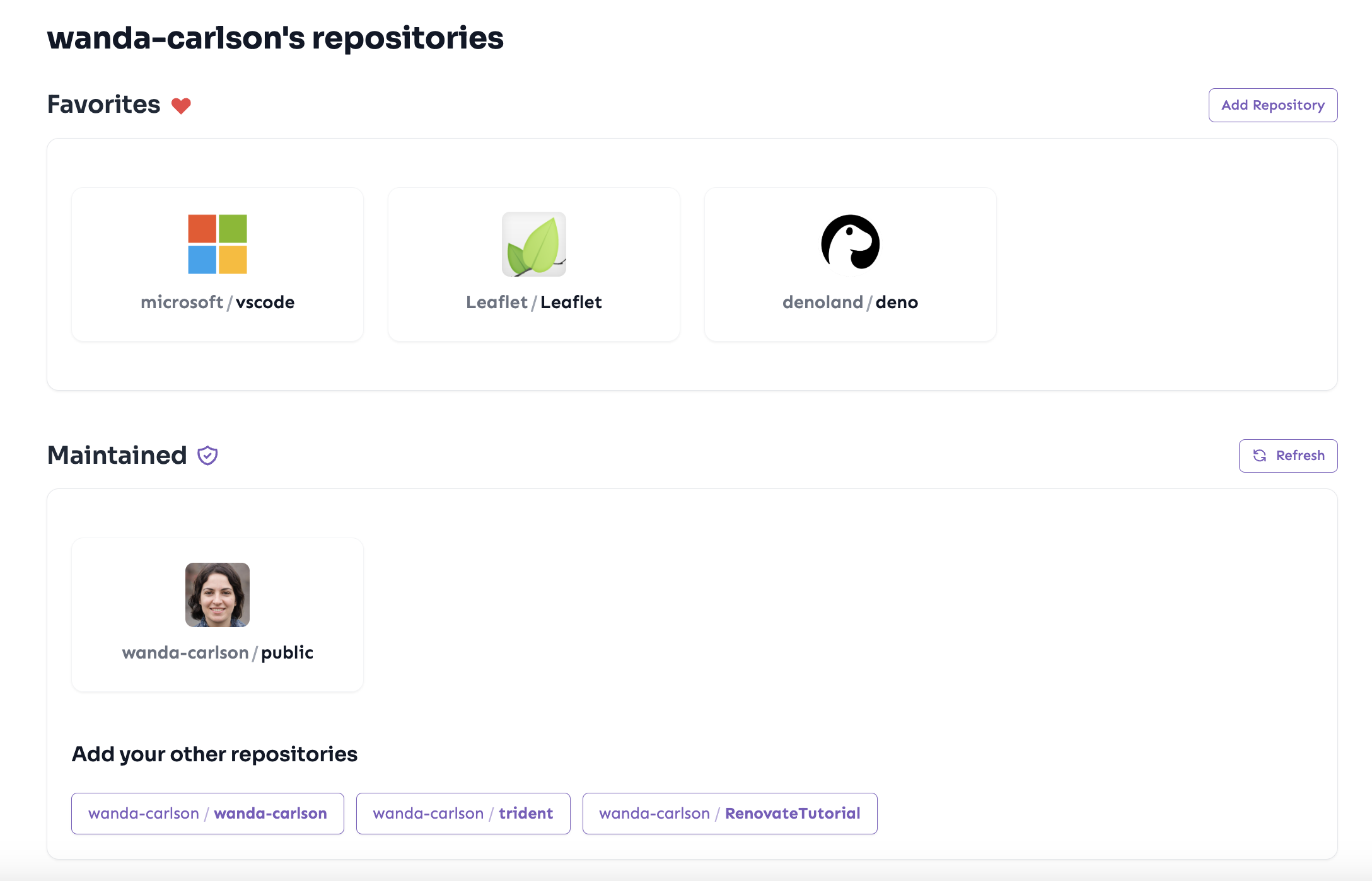 Populated favorites page showing tracked repositories
